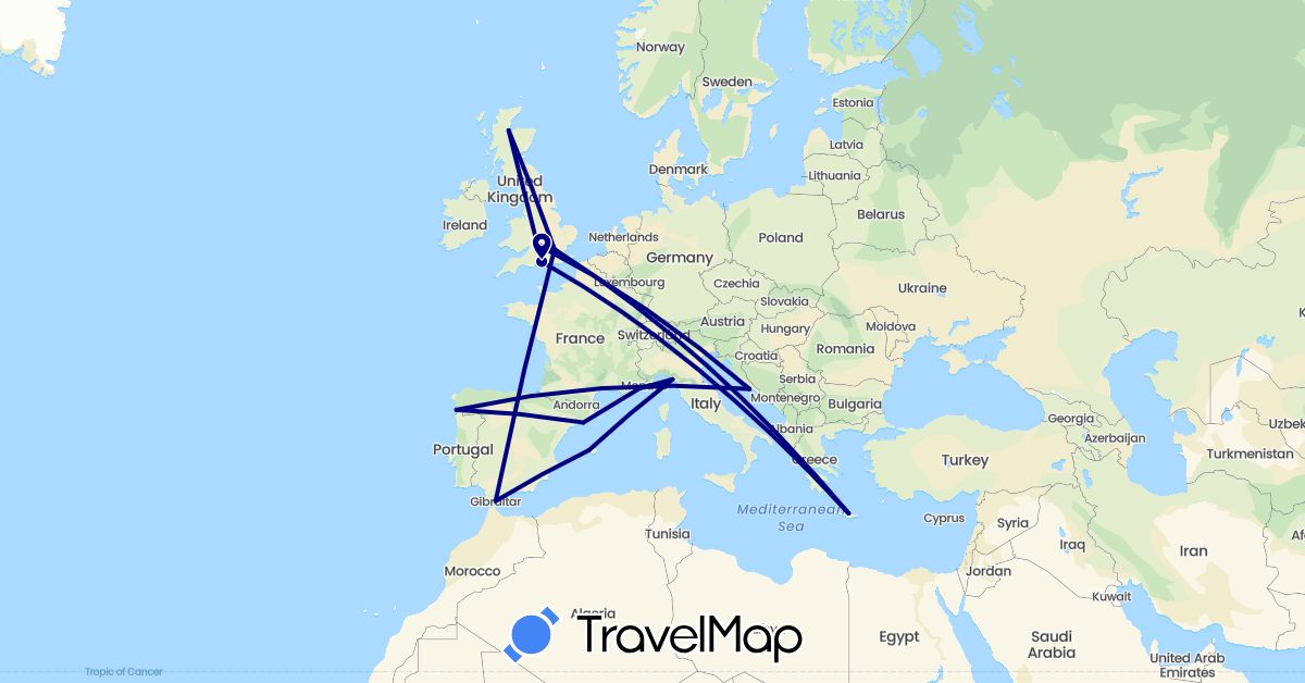 TravelMap itinerary: driving in Spain, France, United Kingdom, Gibraltar, Greece, Croatia, Italy (Europe)